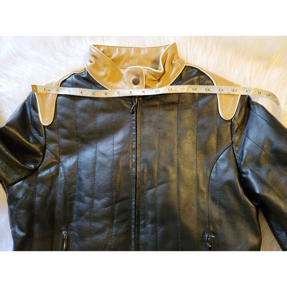 Women's Black Tan Leather Moto Jacket Sz M/L Biker Rocker Beautiful! NWT - Picture 14 of 16